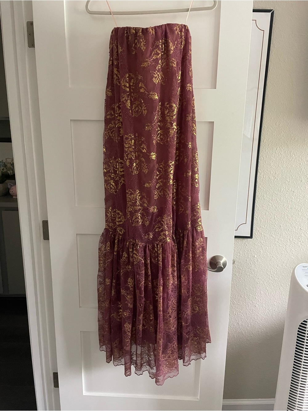 Strapless Floral Lace Maxi Dress in Mauve with Gold Accents